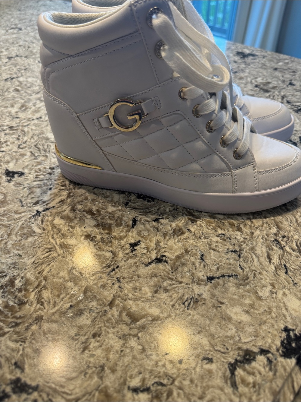 GBG Los Angeles White Quilted High-Top Sneakers with Gold G Accent